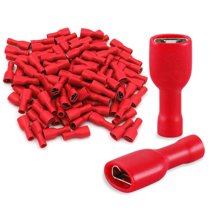Baomain 100-Pack 0.187" Female Quick Disconnect Spade Terminals, 22-16 AWG 4.8mm (3/16 inch), Fully Insulated Crimp Connectors Red - Image 1